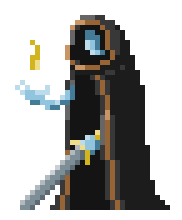 gif of an 8-bit pixelated sorcer with blue skin and a brown coat, holding a sword in one hand and a flame in the other
